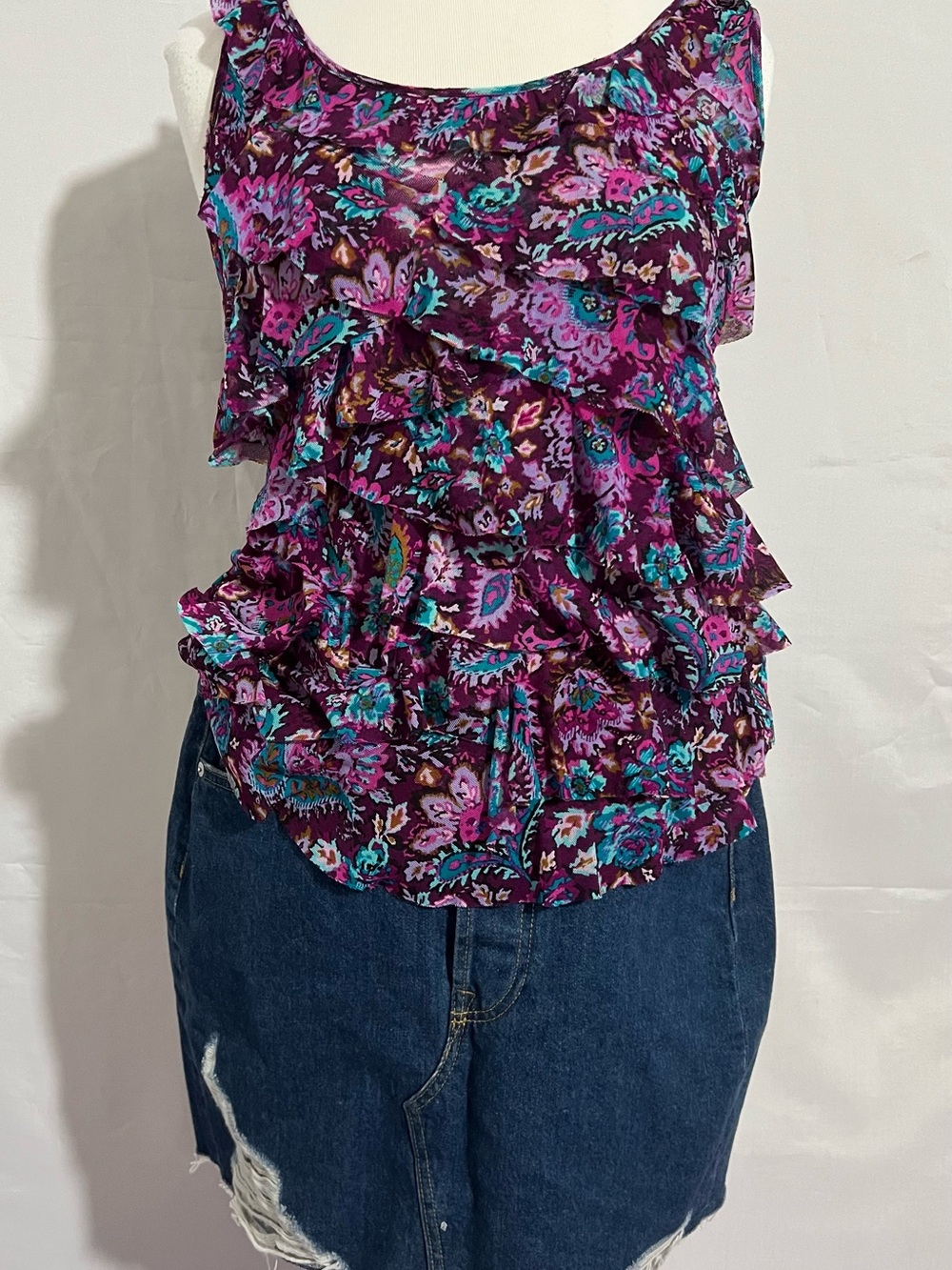 Express Purple Floral V-Neck Camisole with Teal & Pink Accents